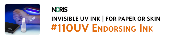 #110UV invisible endorsing ink shines under UV light. It is suitable for marking with rubber stamps on uncoated paper, corrugated, and human skin.
